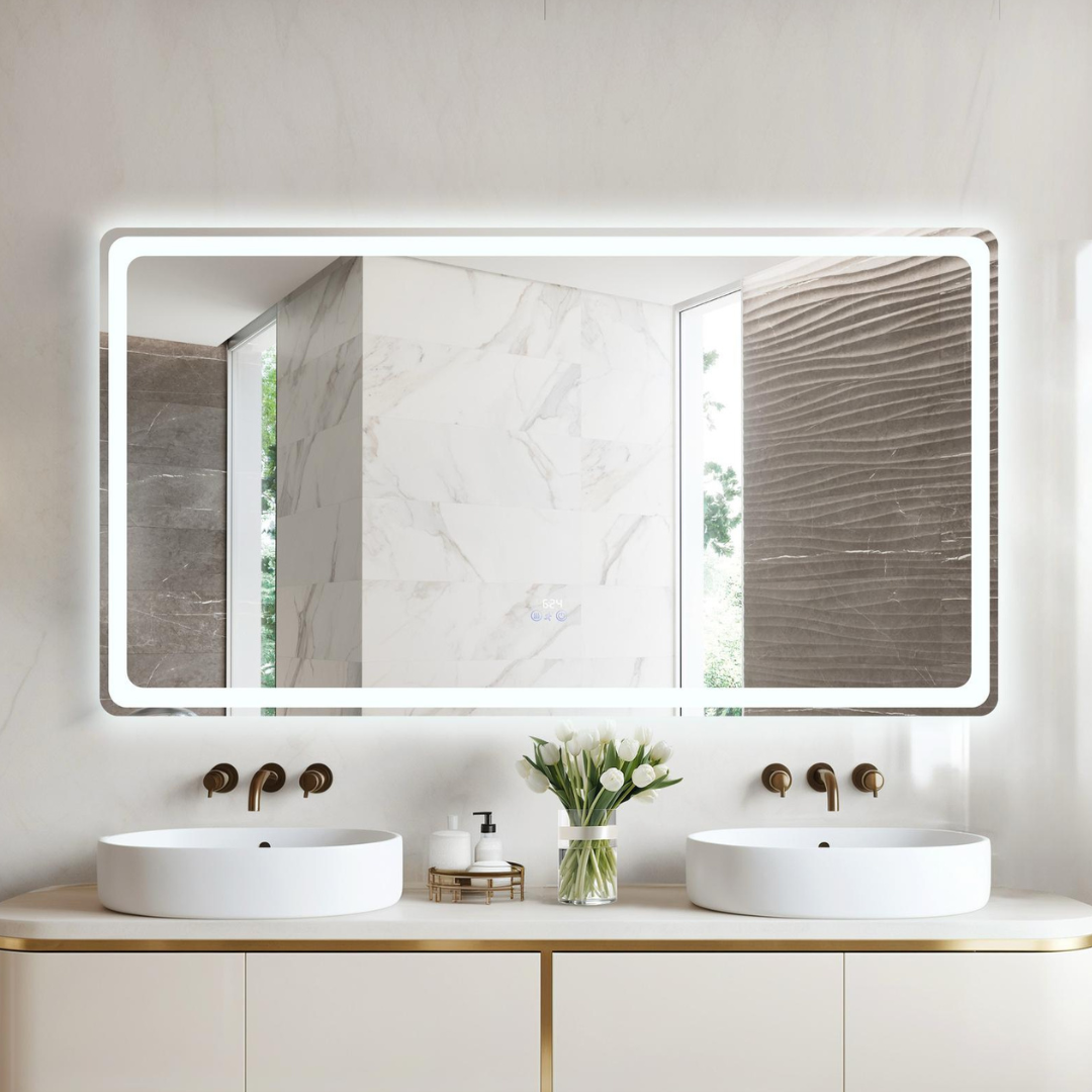 Oglinda LED 150x80CM cu Senzor Radar, 3 Lumini, Touch, Dezaburire, Ceas, Termometru