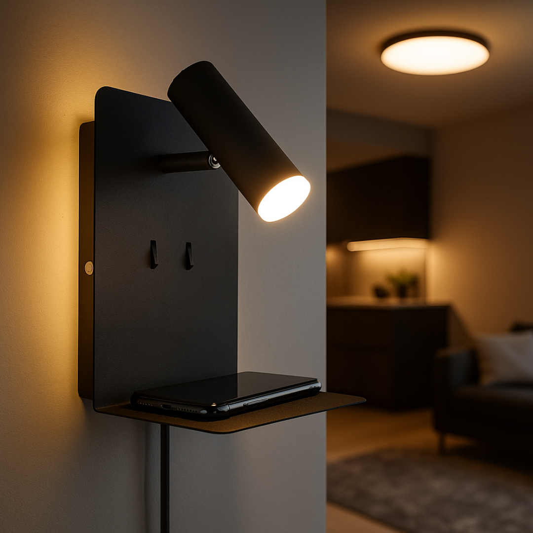 Aplica LED Perete 6W Neagra cu Suport Telefon USB