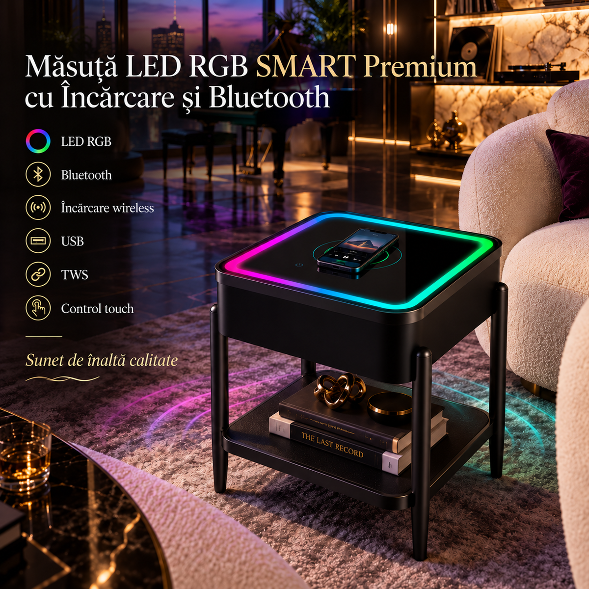 Masuta LED RGB SMART PREMIUM Patrata Incarcare Wireless | Boxa Bluetooth | USB | TWS | Control Touch