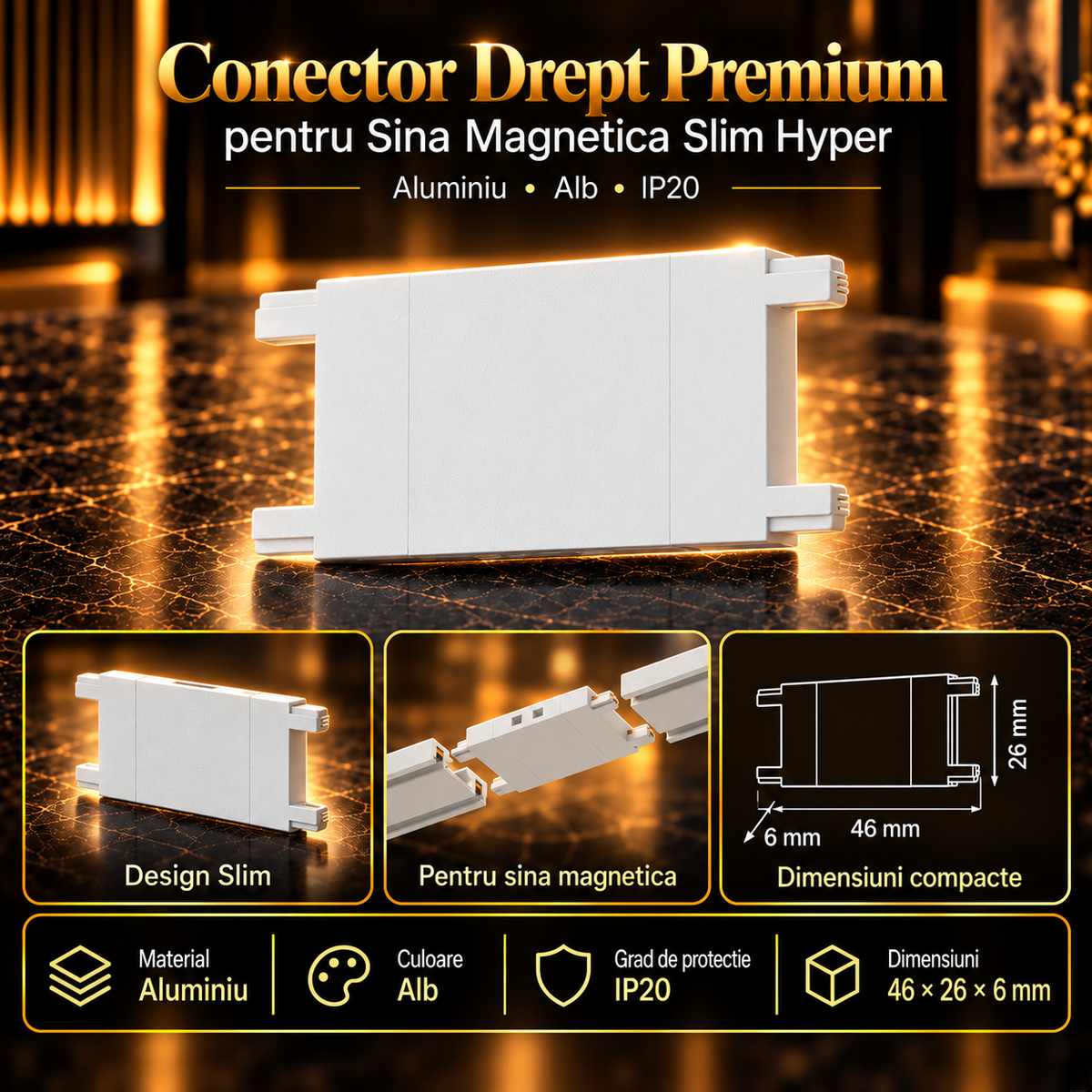 Conector Drept Premium White pentru Sina Magnetica Hyper