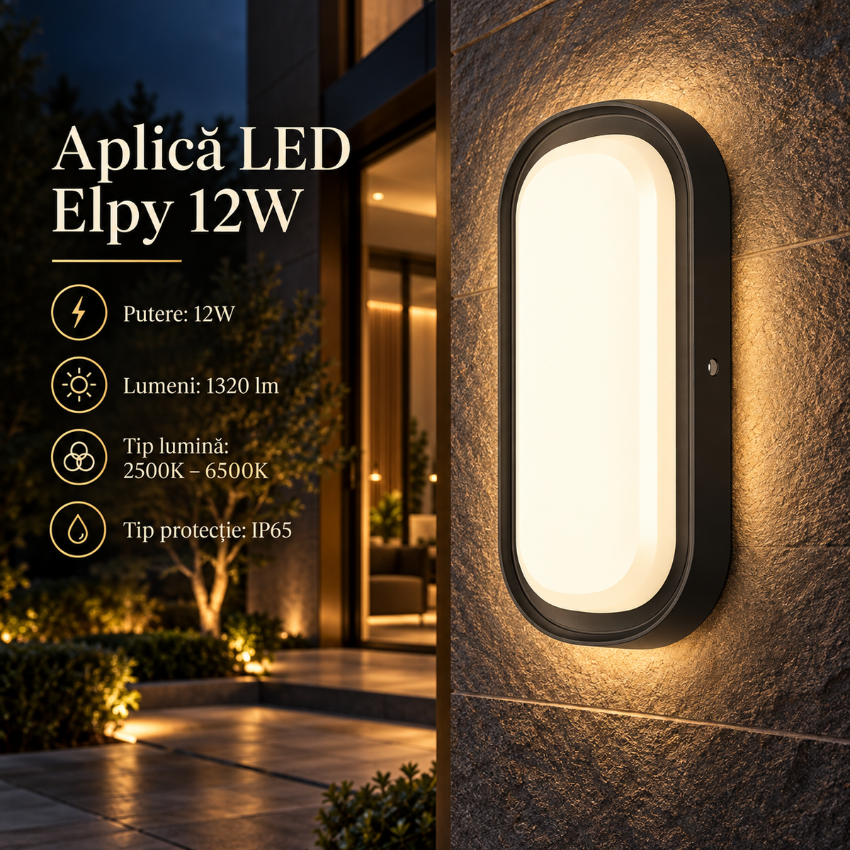 Aplica LED Exterior Elpy Black 12W | 1320lm | IP65 | 3 Tipuri de Lumina