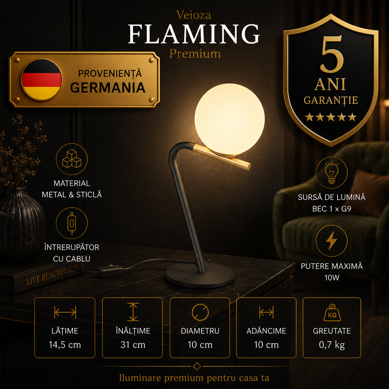 Veioza Premium Flaming Black & Gold 31CM | 1xG9