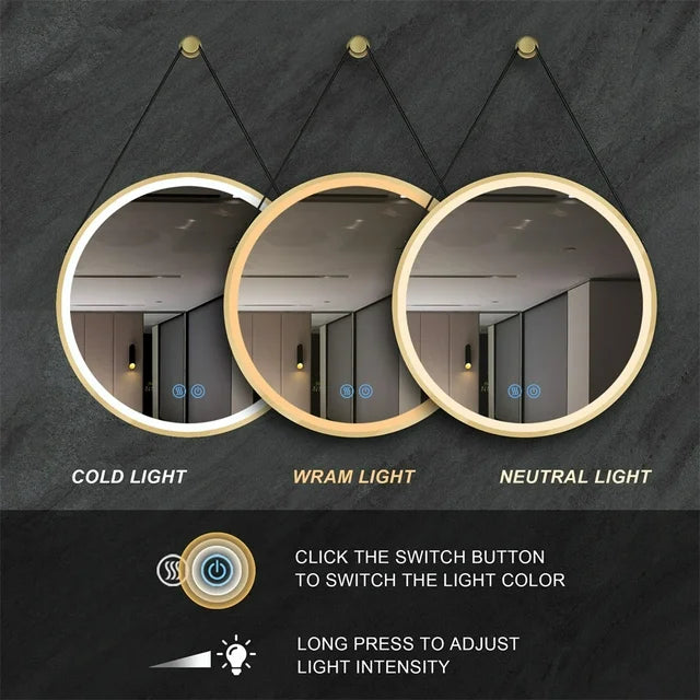 Oglinda LED Baie 60cm FOG GOLD Piele+Aluminiu, Senzor Miscare, Temperatura, Ceas si Dezaburire