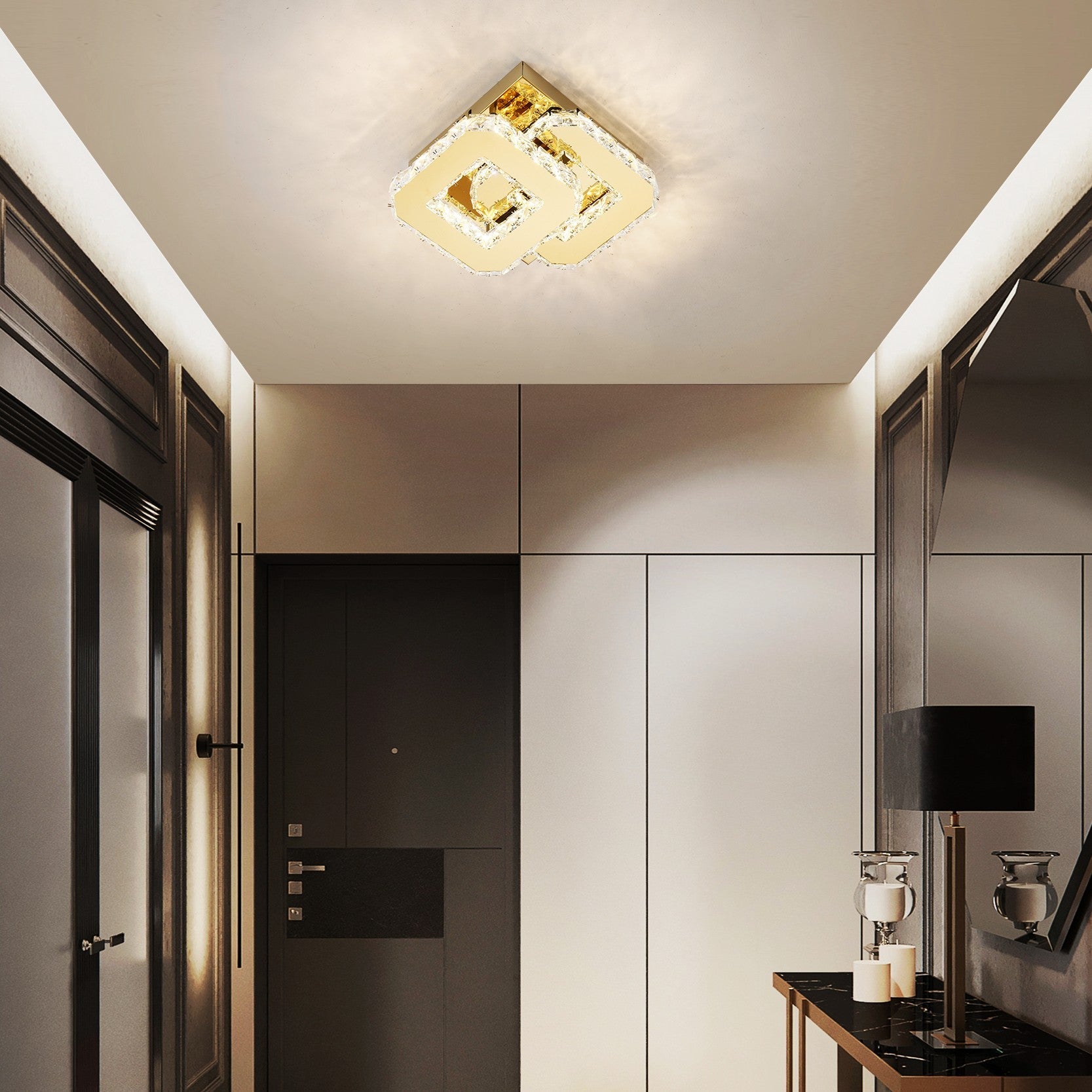 Lustra LED CRISTAL Double Square Gold Echivalent 200W