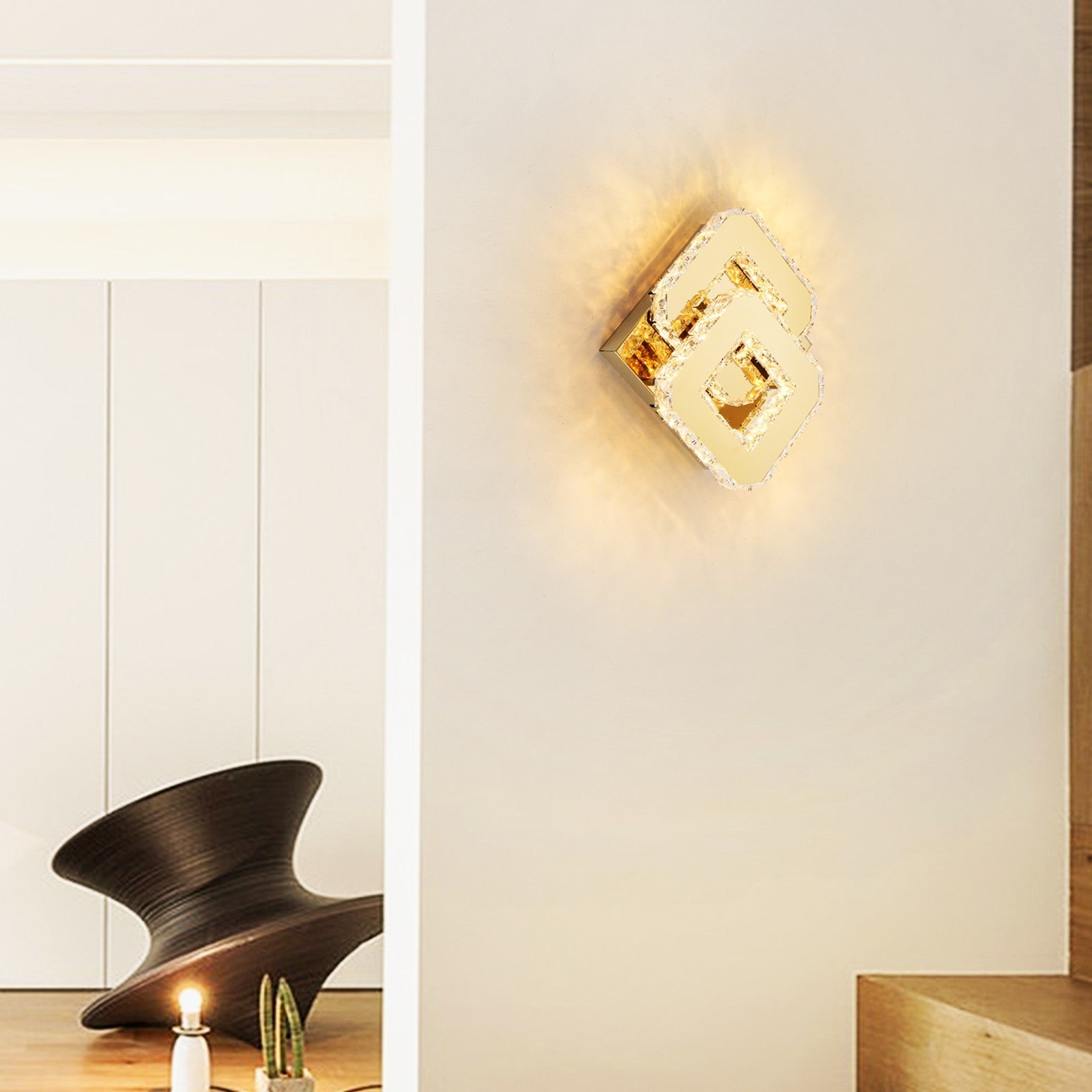 Lustra LED CRISTAL Double Square Gold Echivalent 200W