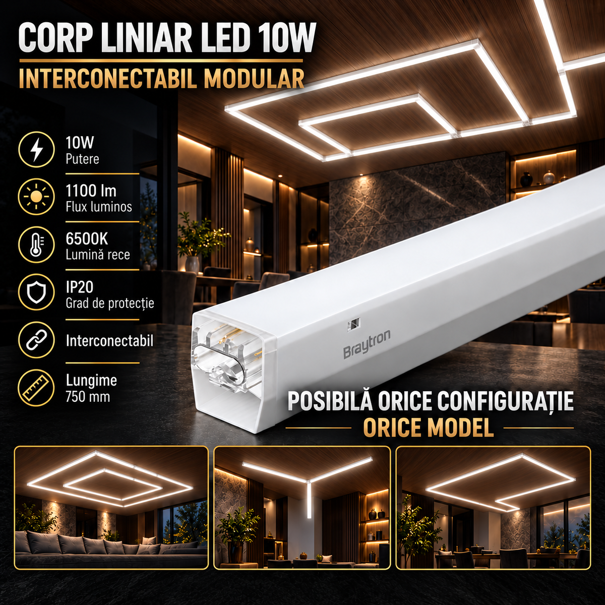 Corp LED Liniar HEGZA 10W Modular Interconectabil 6500K | IP20 | 75CM