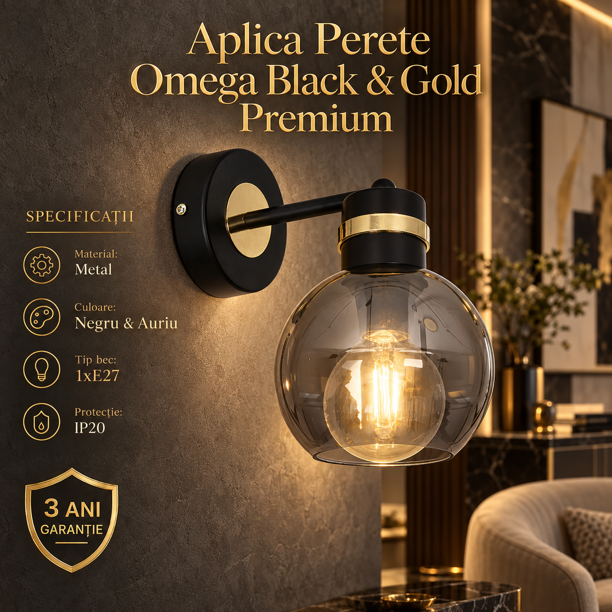 Aplica Perete Omega Black & Gold Premium