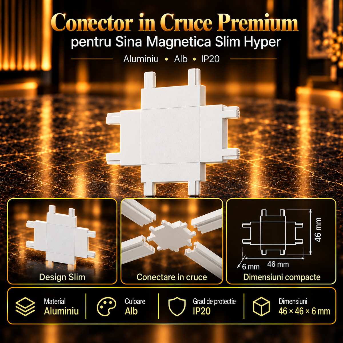 Conector in Cruce Premium White pentru Sina Magnetica Hyper