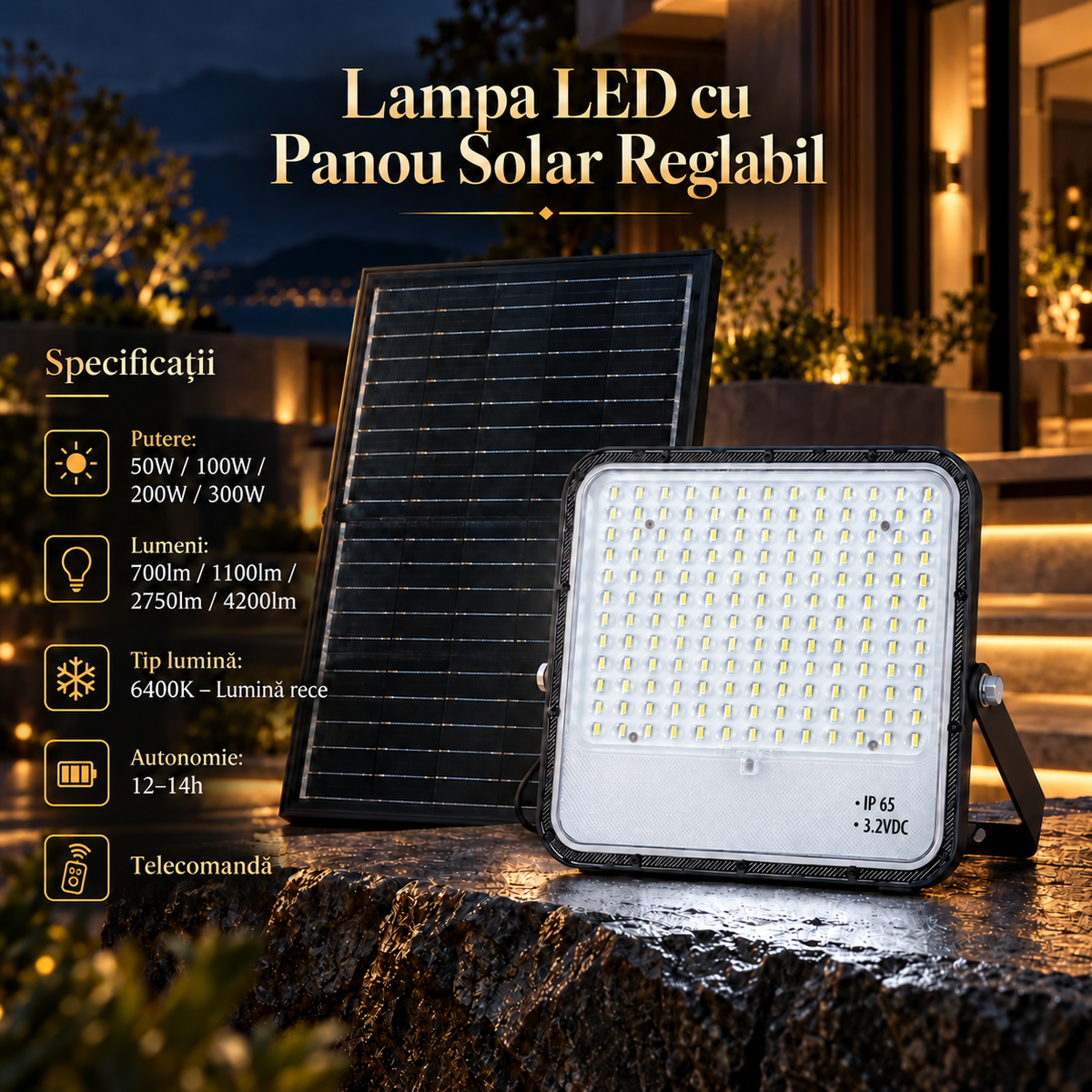 Lampa LED Solara Tiger Pro cu Panou Reglabil si Telecomanda 6400K