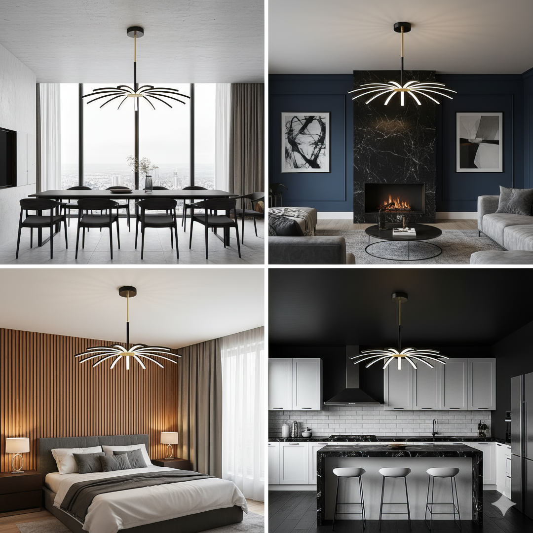 Lustra LED Suspendata Eteris Black&Gold 14 Elemente Echivalent 600W Telecomanda