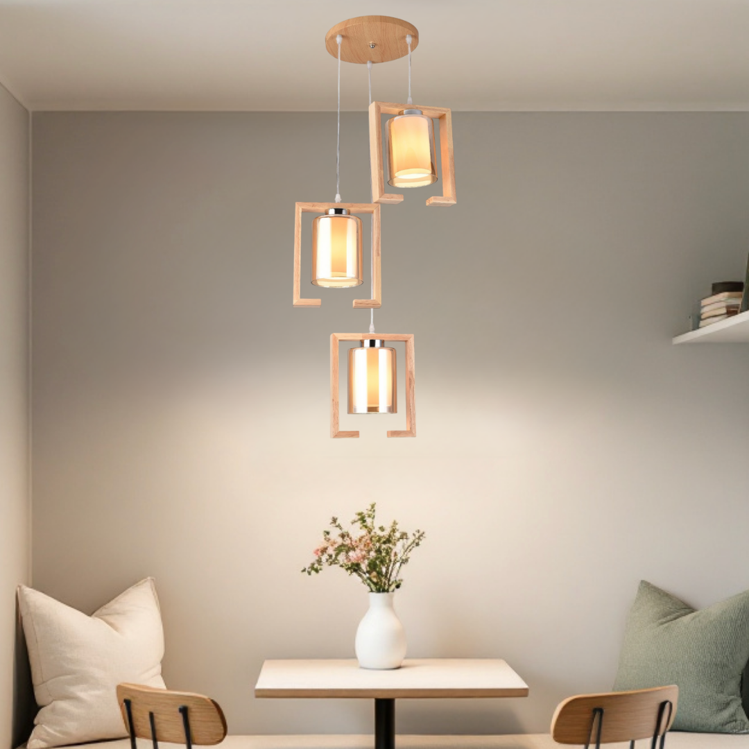 Lustra Lemn 3xE27 GlassyWood Suport Rotund