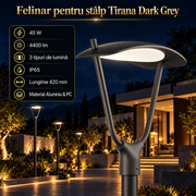 Felinar LED pentru Stalp Tirana Dark Grey IP65 Echivalent 450W