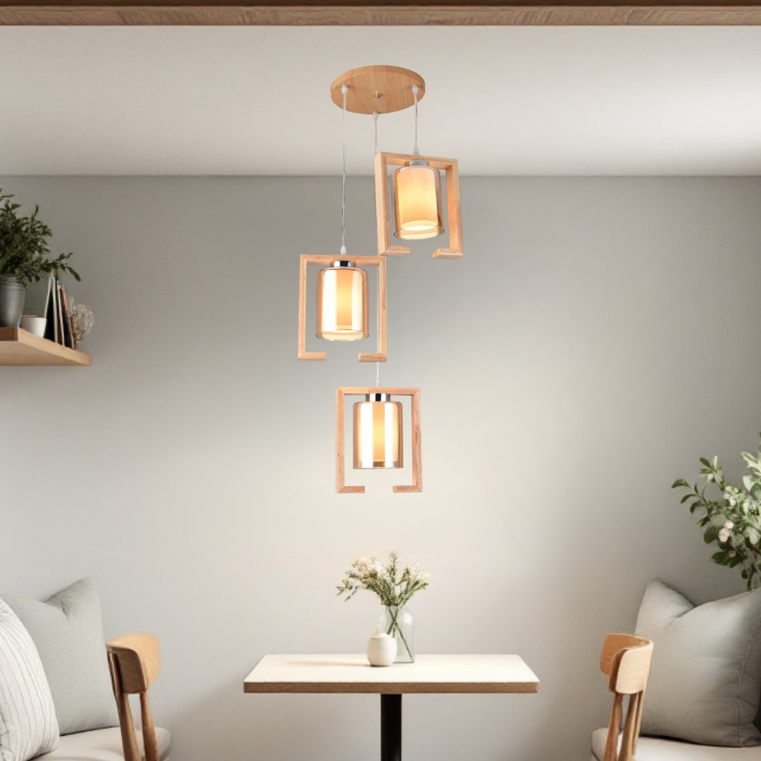 Lustra Lemn 3xE27 GlassyWood Suport Rotund