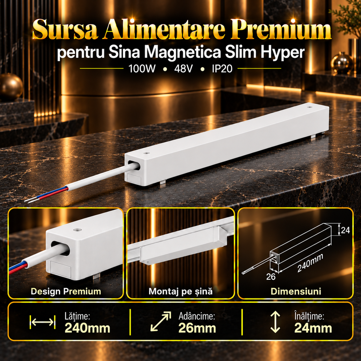 Sursa Alimentare White Premium pentru Sina Magnetica Hyper 100W | 48V | 24CM