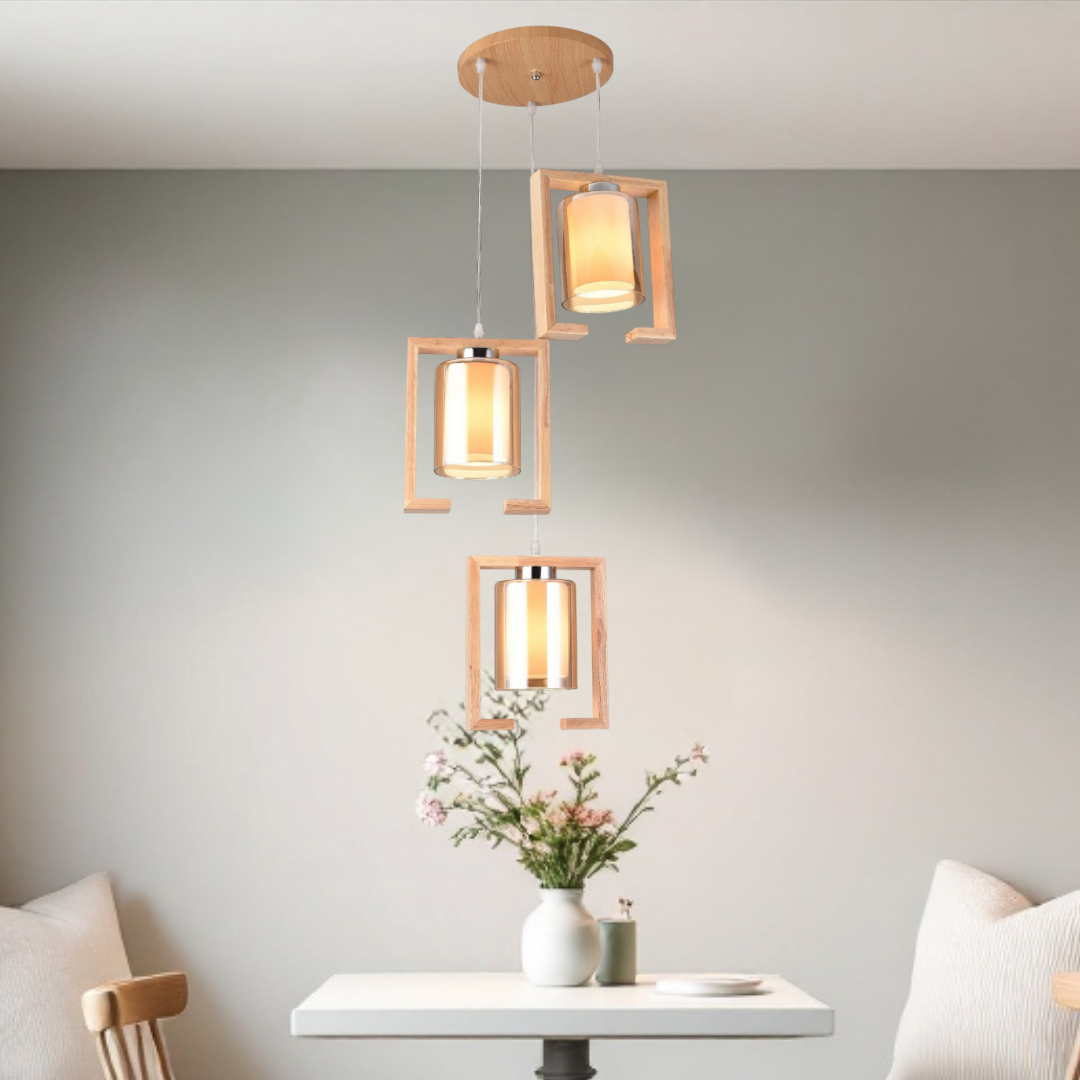 Lustra Lemn 3xE27 GlassyWood Suport Rotund