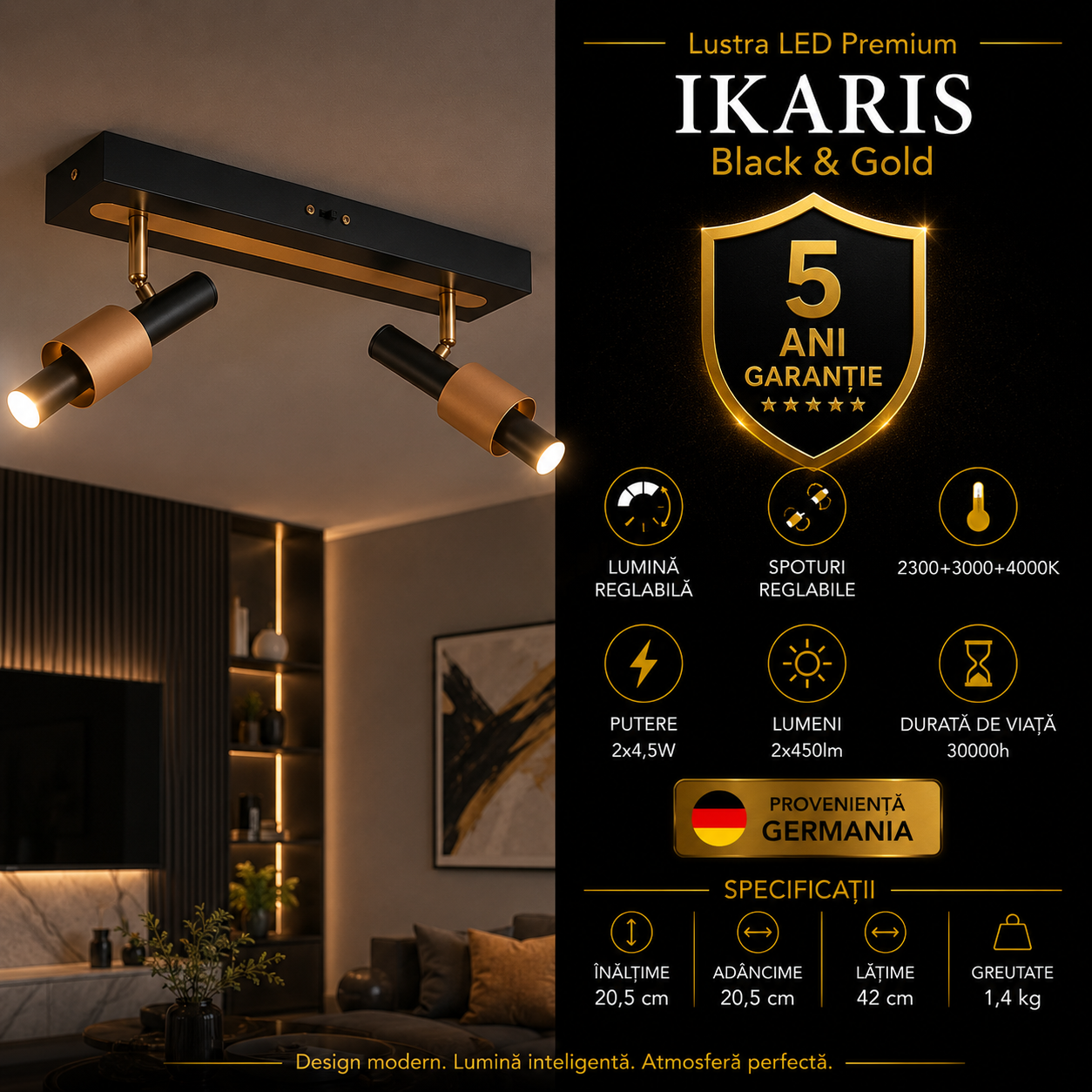 Lustra LED Premium IKARIS Black & Gold cu 2 Spoturi Reglabile