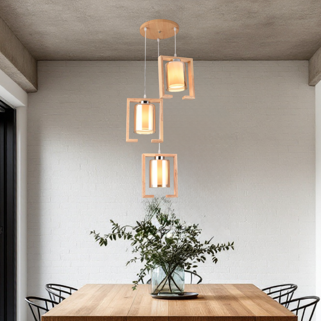 Lustra Lemn 3xE27 GlassyWood Suport Rotund