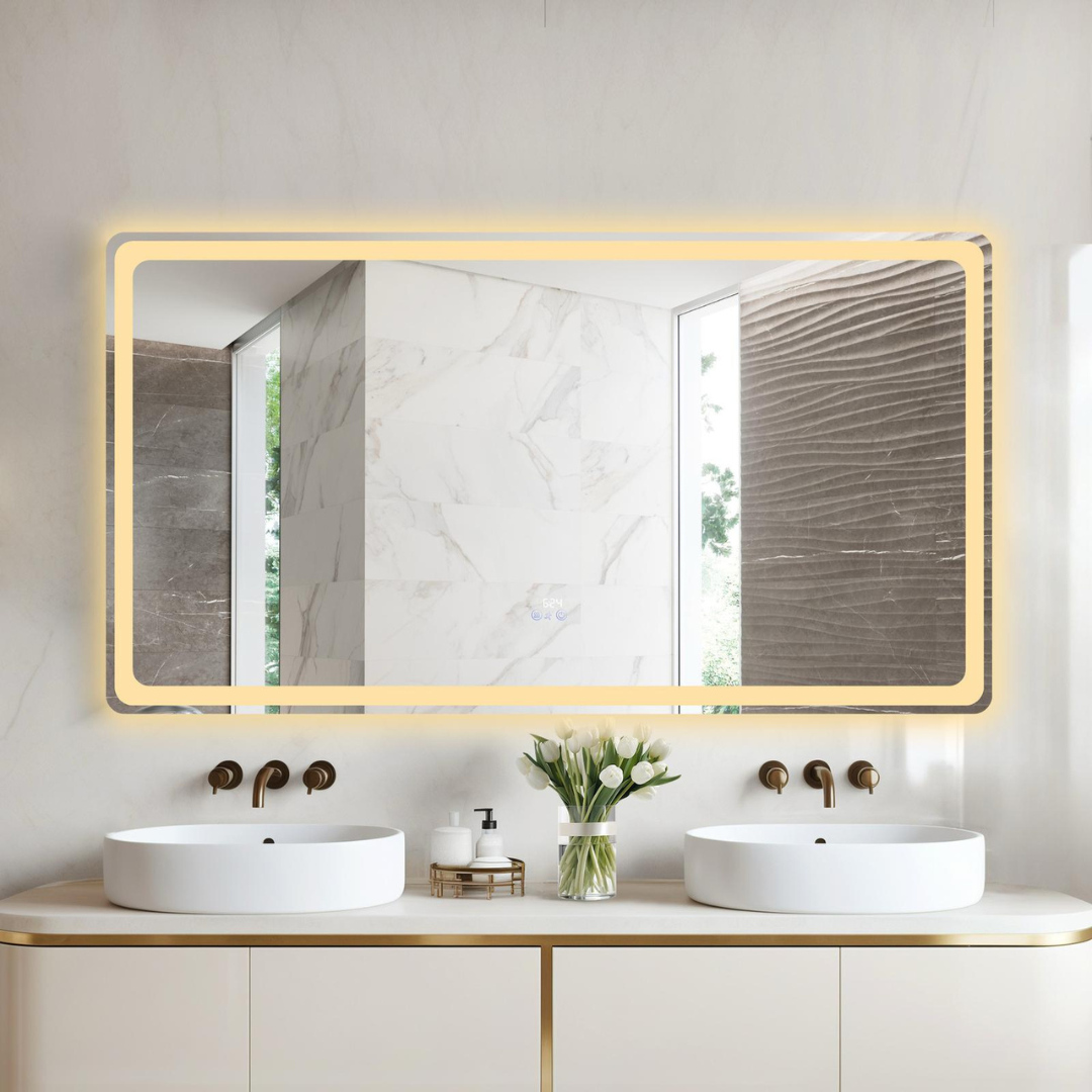 Oglinda LED 150x80CM cu Senzor Radar, 3 Lumini, Touch, Dezaburire, Ceas, Termometru