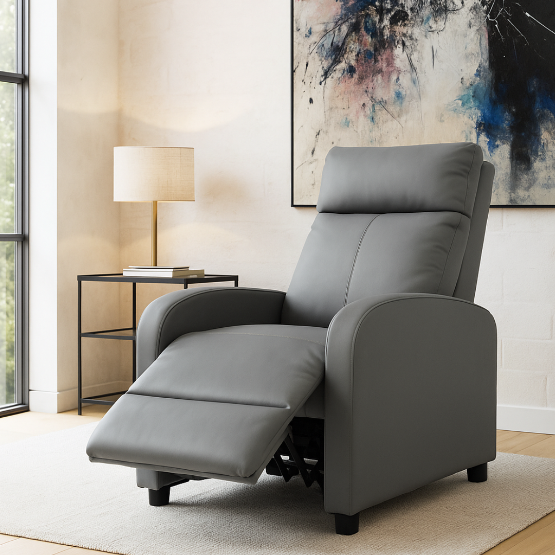 Fotoliu Recliner din Piele Ecologica Spatar Rabatabil si Suport Picioare Extensibil Gri