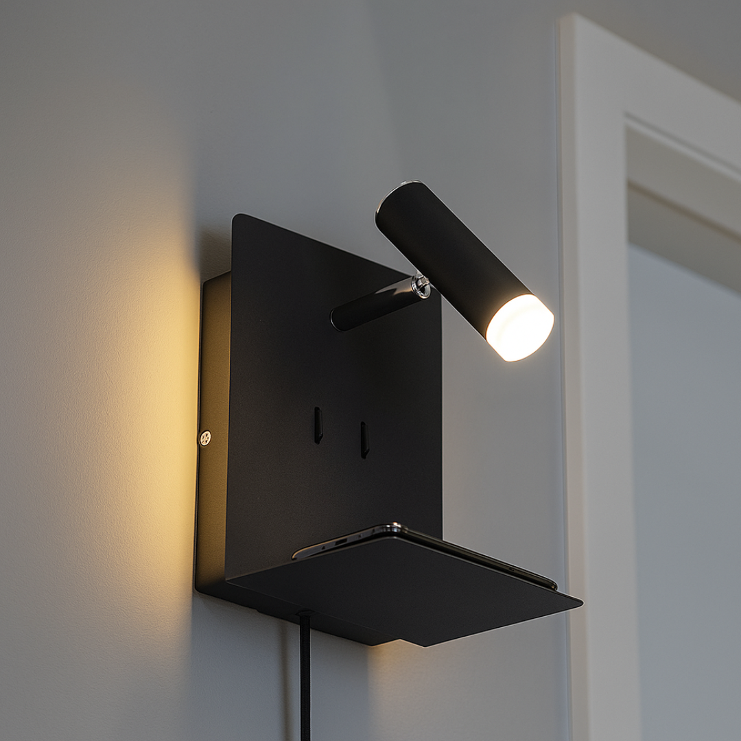 Aplica LED Perete 6W Neagra cu Suport Telefon USB