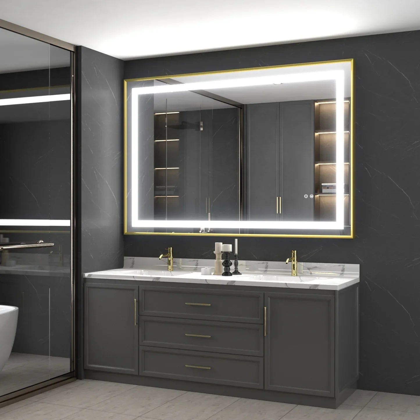 Oglinda Led 80X60Cm Cu Rama Aurie Functie Dezaburire Si Touch J07 Mirror