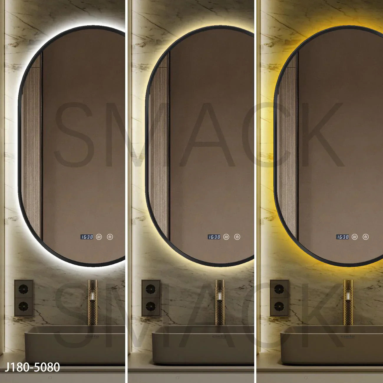 Oglinda LED Ovala 50x80cm Rama Neagra 3 Lumini Ceas Dezaburire si Touch J180 NEAGRA / 50X80CM LED MIRROR