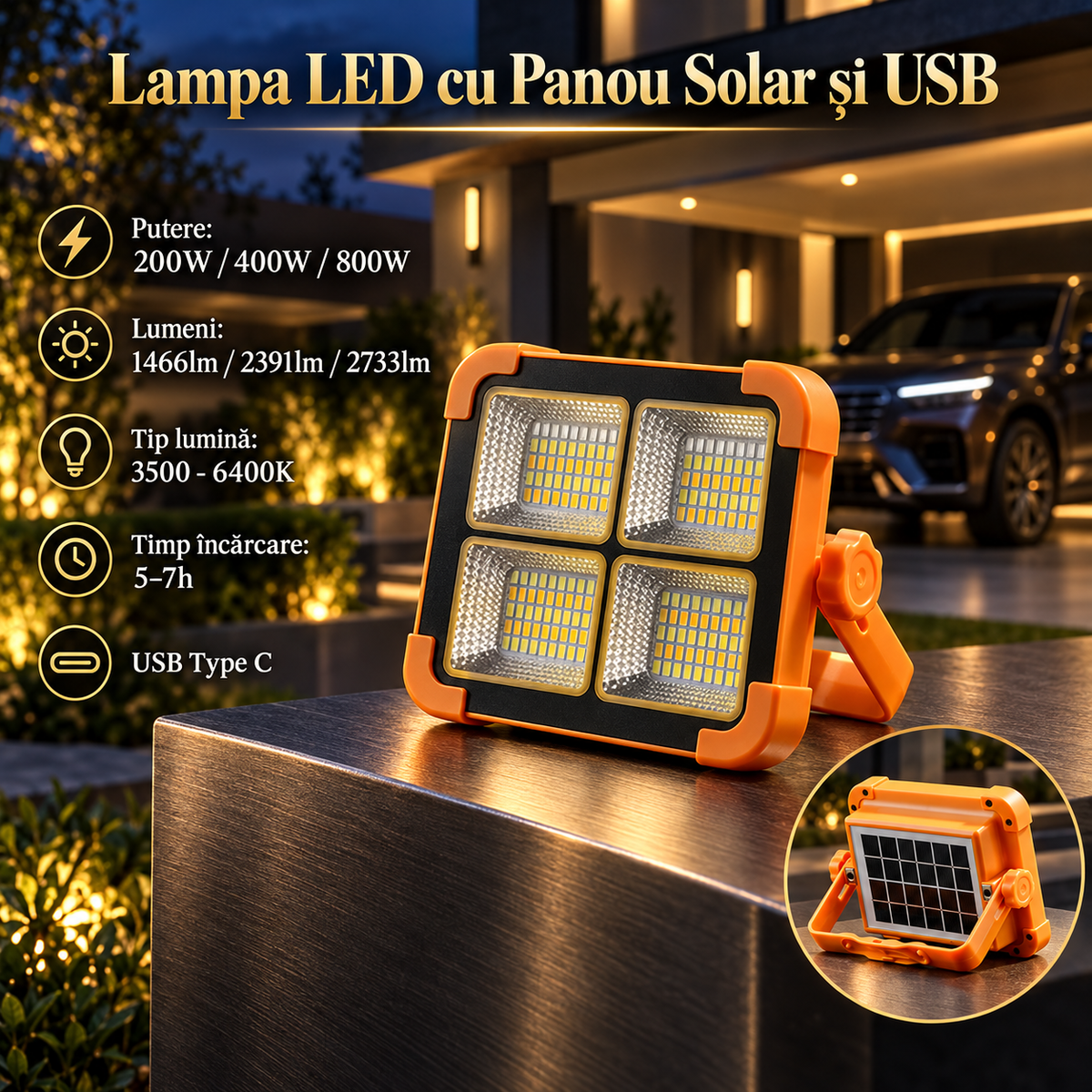 Lampa LED Turbo cu Panou Solar si Incarcare USB | 3 Tipuri de Lumina