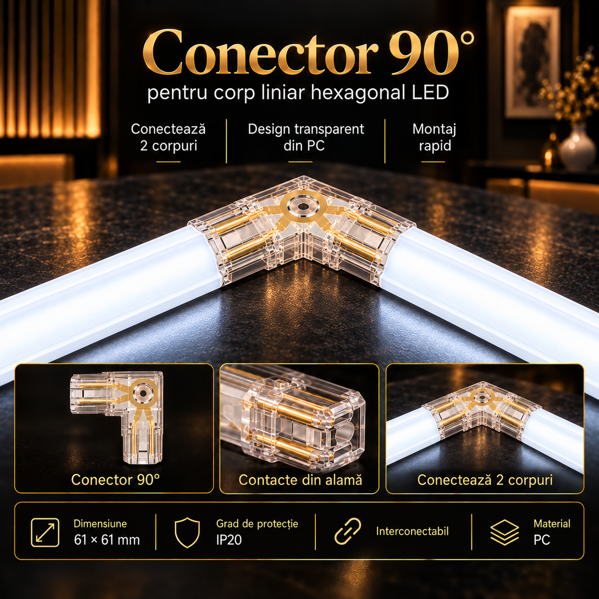 Conector HEGZA 90° pentru 2 x Corp Liniar Hexagonal LED