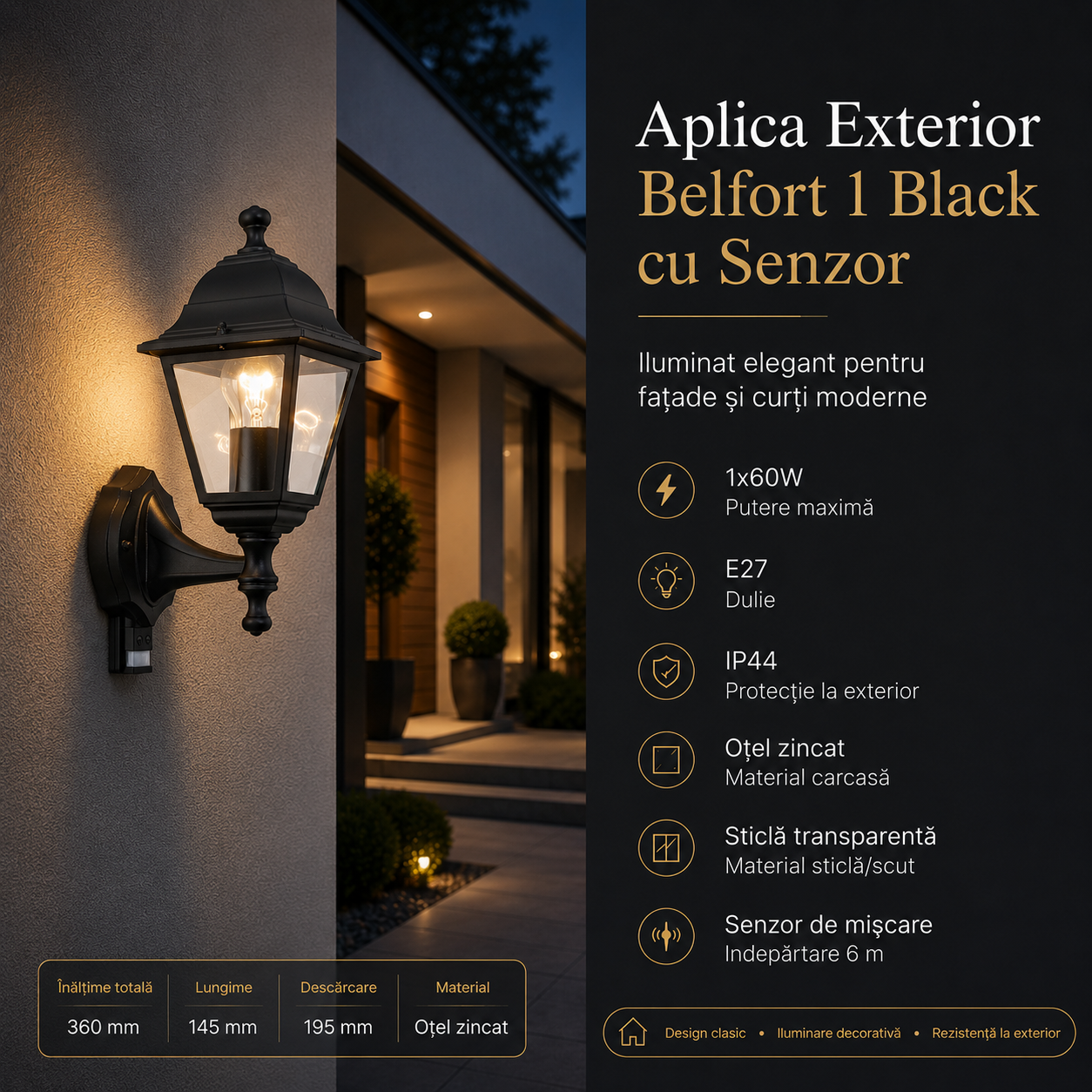 Aplica Exterior Belfort 1 cu Senzor 1xE27 Eglo IP44