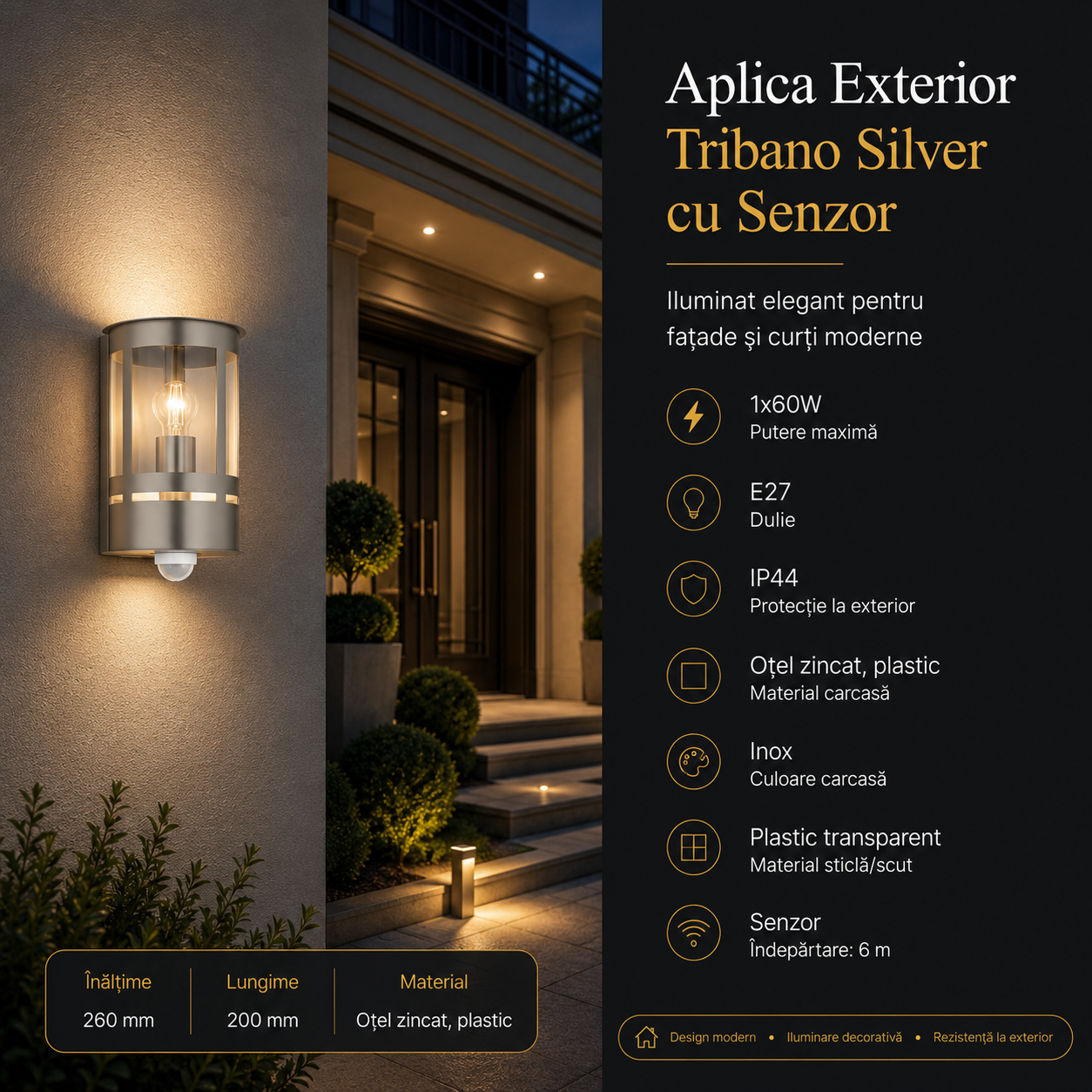 Aplica Exterior Tribano cu Senzor 1xE27 Eglo IP44