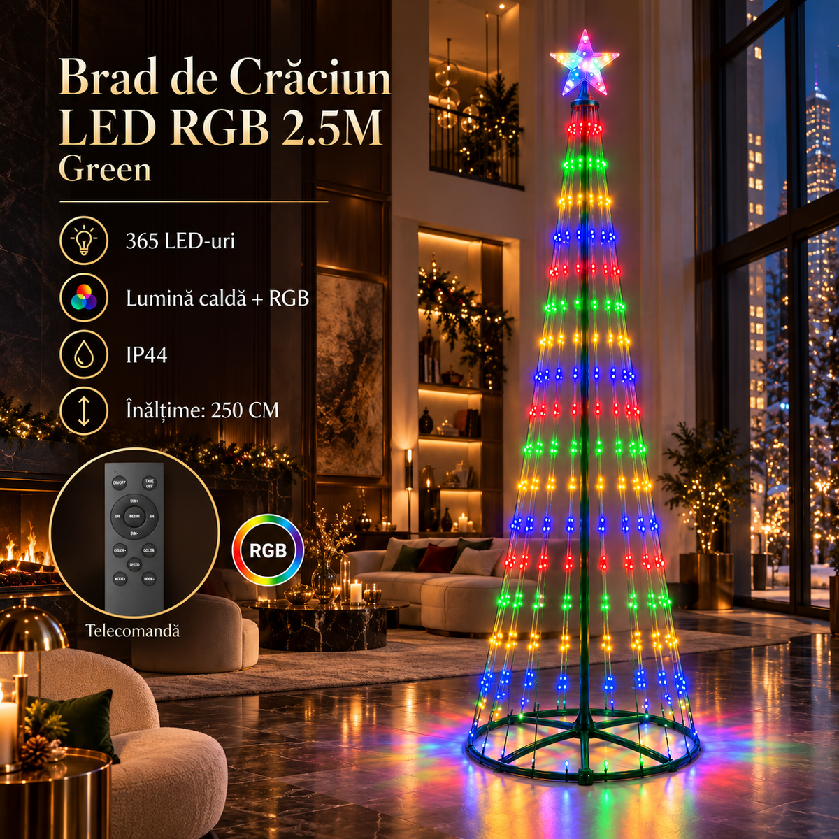Brad LED RGB de Craciun Verde 250CM | 480lm | Telecomanda | IP44