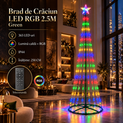Brad LED RGB de Craciun Verde 250CM | 480lm | Telecomanda | IP44
