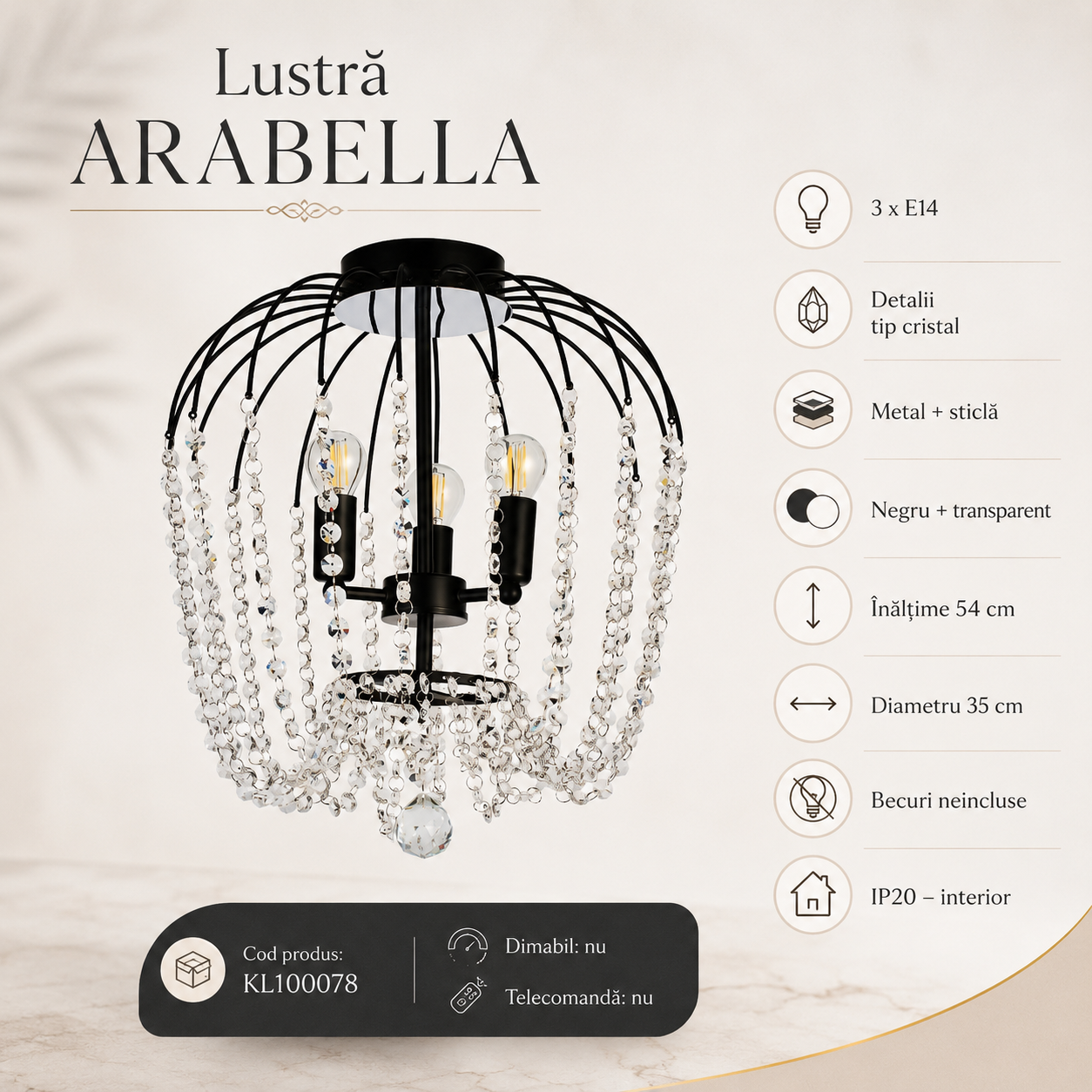 Lustra ARABELLA Neagra 3xE14 cu Cristal K9