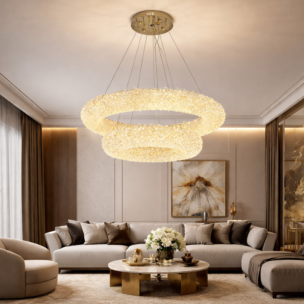 Lustra LED Suspendata ENZO Golden Sponge Cristal 2 Segmente Echivalent 850W