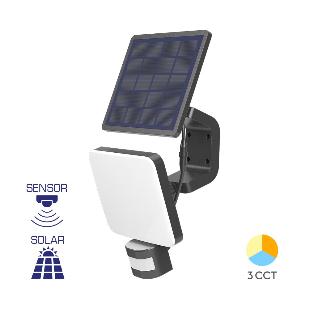 Aplica LED 15W Black cu Panou Solar si Senzor, CCT, 1500lm, IP54 Exterior