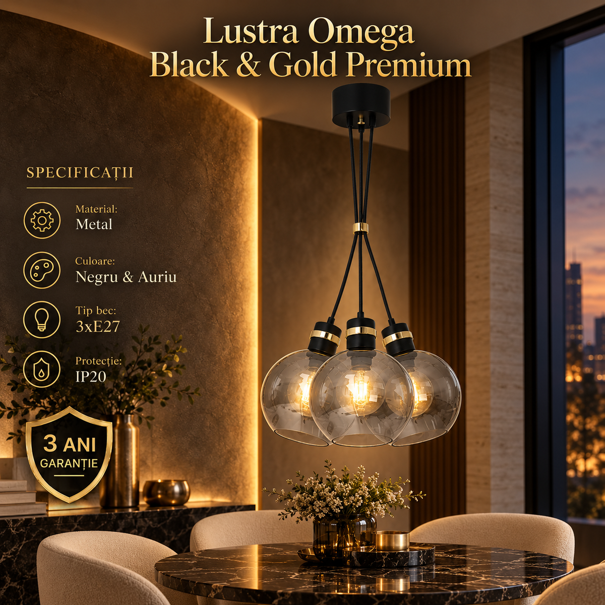 Lustra Abajur Omega Black & Gold Premium 3xE27