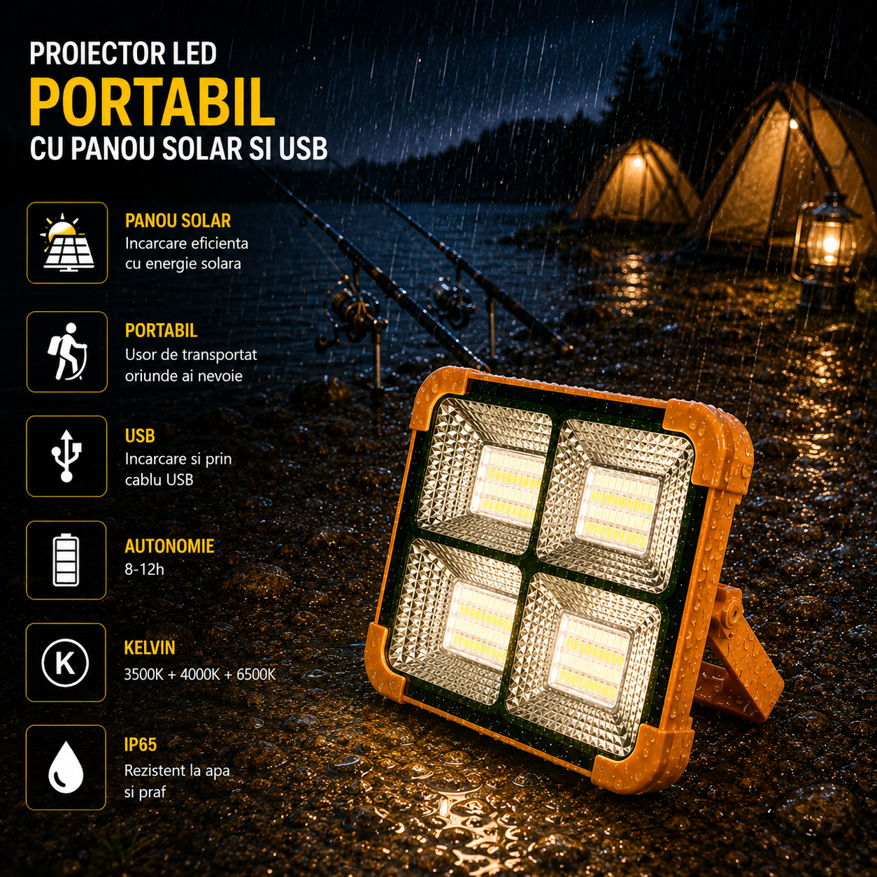 Proiector LED 100W Portabil cu Panou Solar si USB