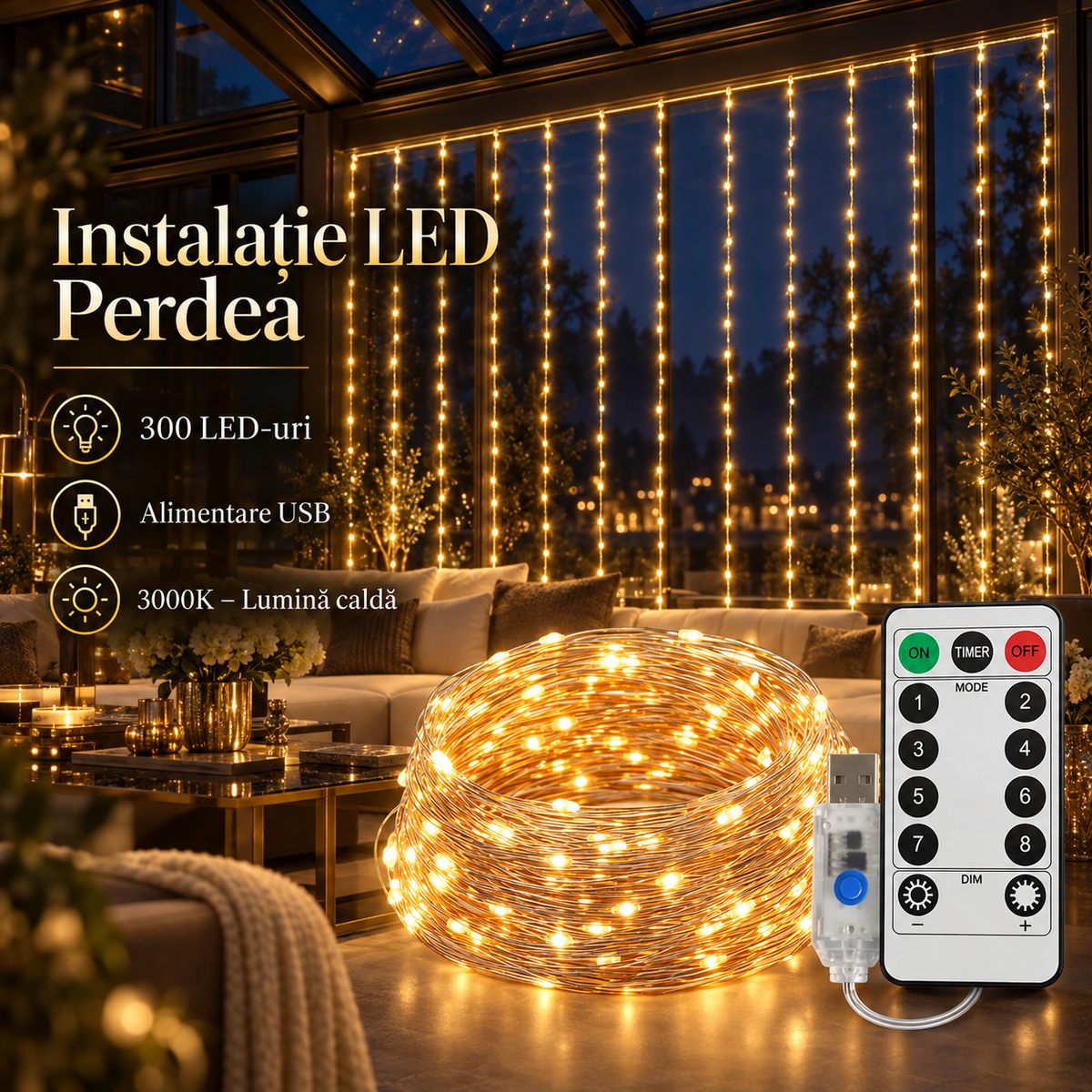 Instalatie LED Perdea Ploaie 300 LED-uri 3M×3M | 8 Moduri | Telecomanda | USB | 3000K