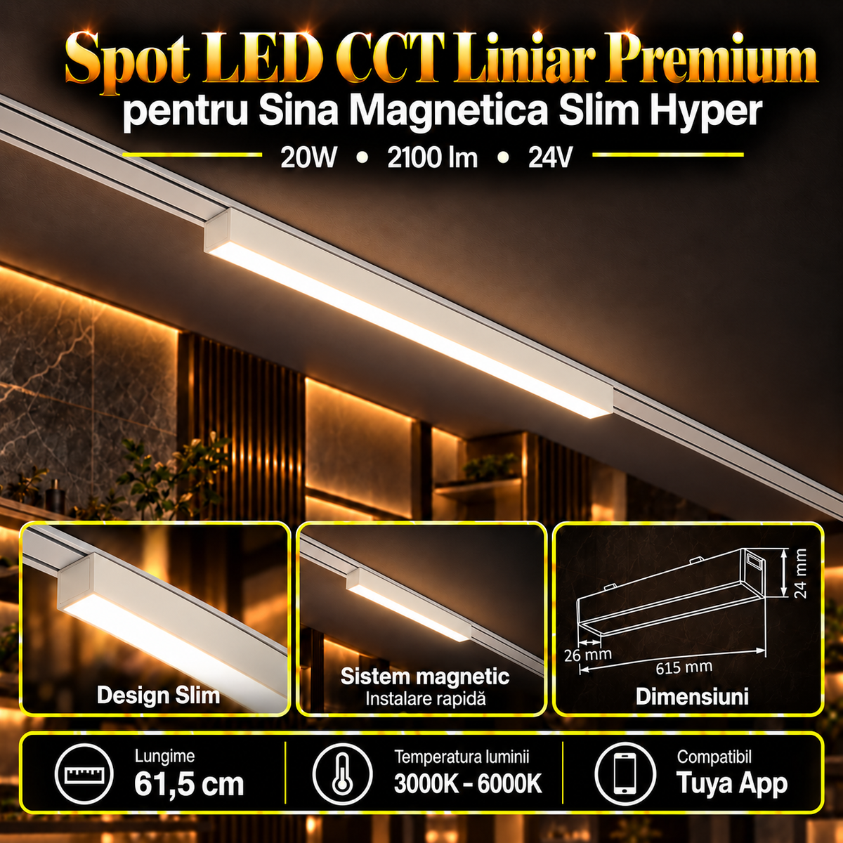Spot LED Magnetic Liniar Premium Hyper White 20W | 61.5CM | 24V | 3 Tipuri de Lumina