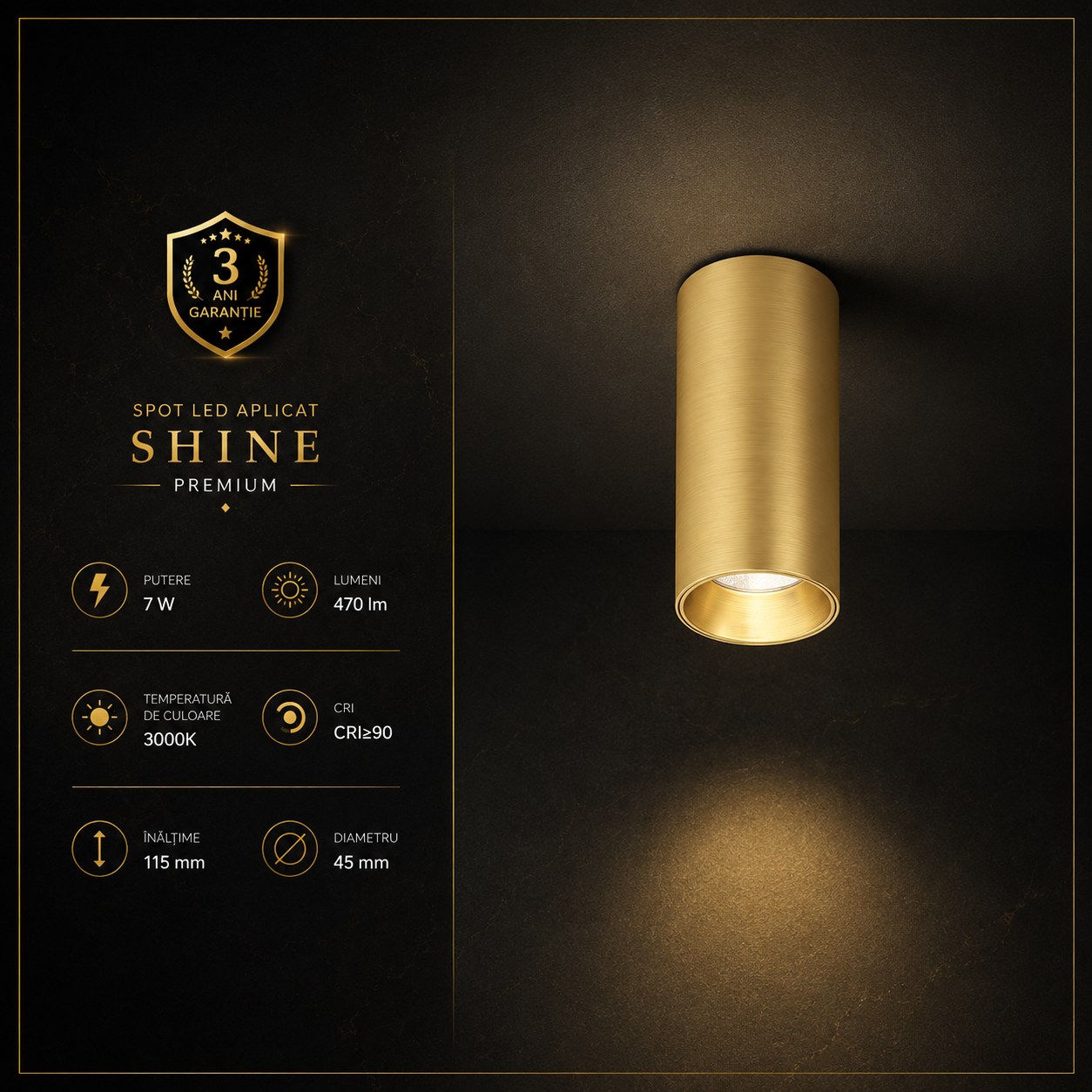 Spot LED SHINE TUBE Gold Aplicat Rotund 7W Premium Ø4.5 x H11.5 CM | CRI≥90 | 3000K