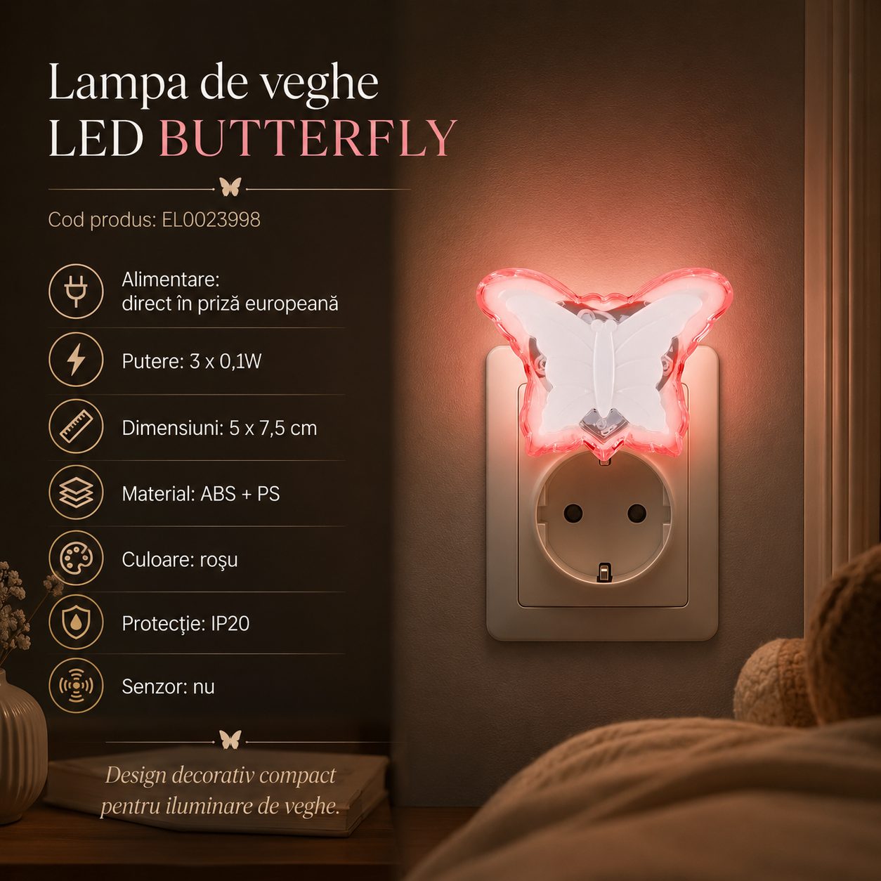 Lampa de veghe LED BUTTERFLY 0.3W Red