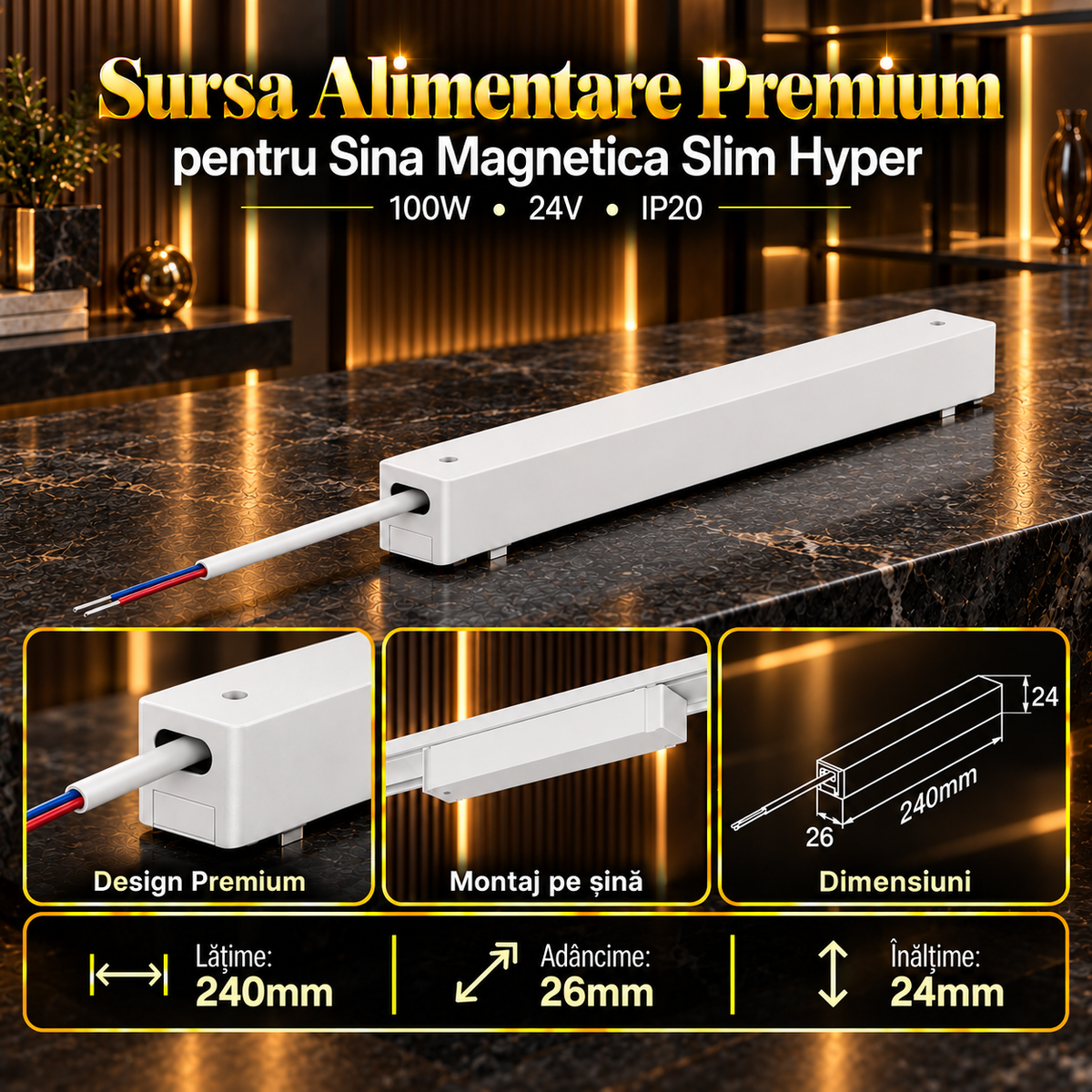 Sursa Alimentare White Premium pentru Sina Magnetica Hyper 100W | 24V | 24CM
