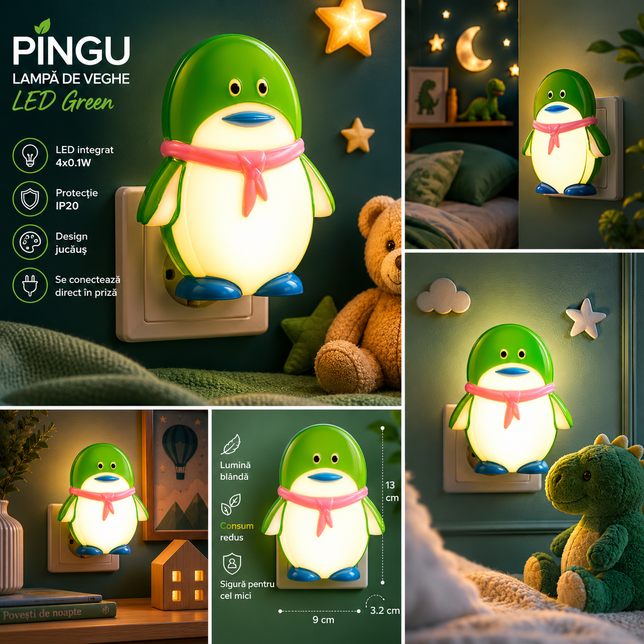 Lampa de veghe LED PINGU 0.4W Green