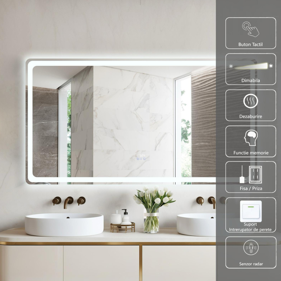 Oglinda LED 150x80CM cu Senzor Radar, 3 Lumini, Touch, Dezaburire, Ceas, Termometru