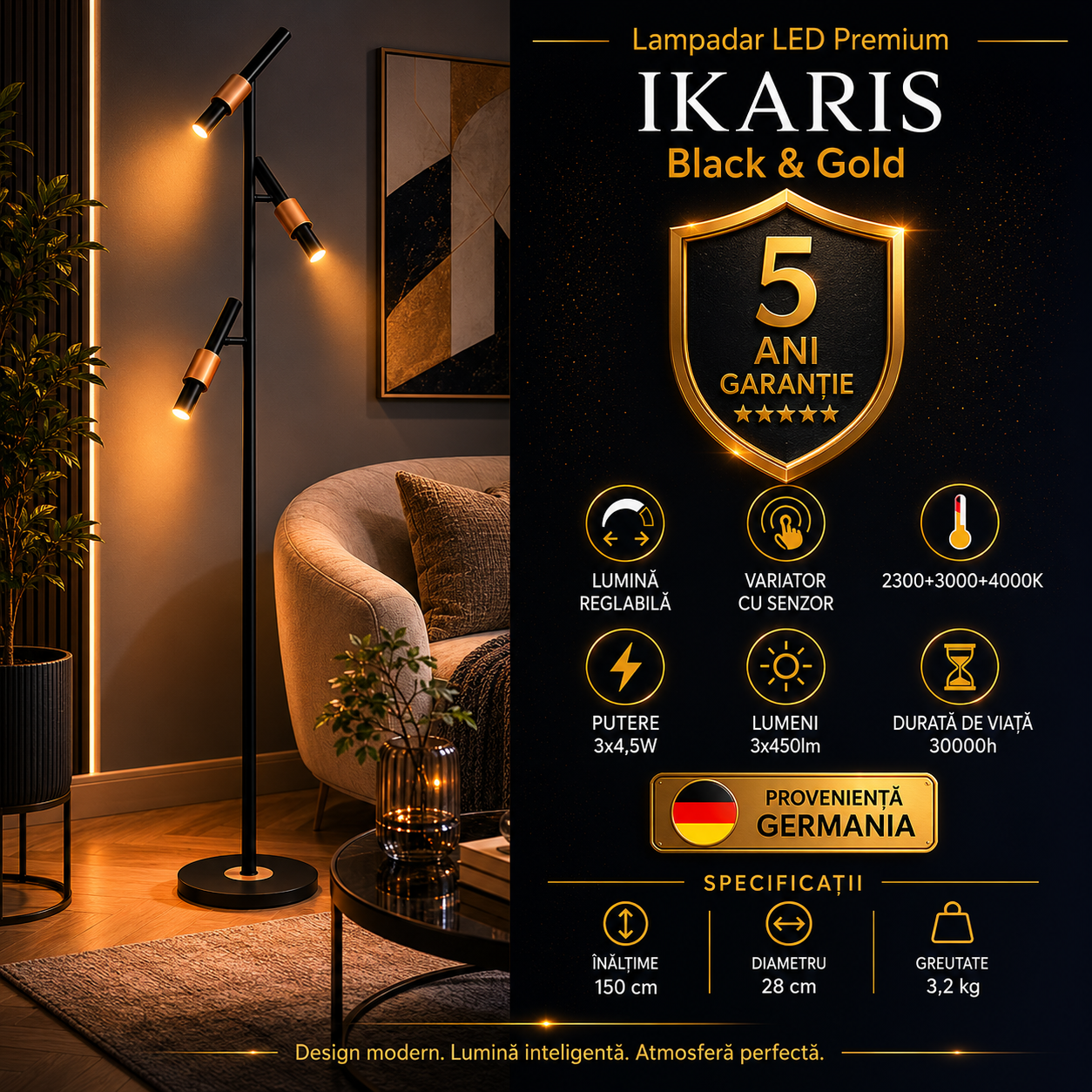 Lampadar LED Premium IKARIS Black & Gold 150CM