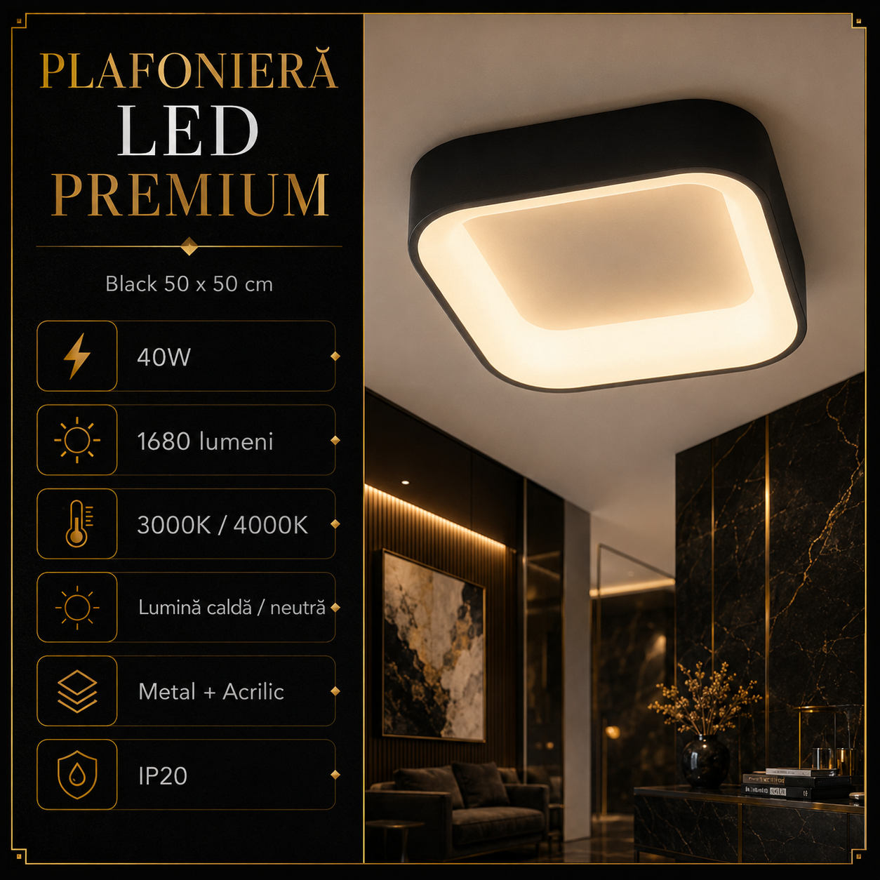 Plafonieră LED Astro Patrata Black 50x50CM Echivalent 150W