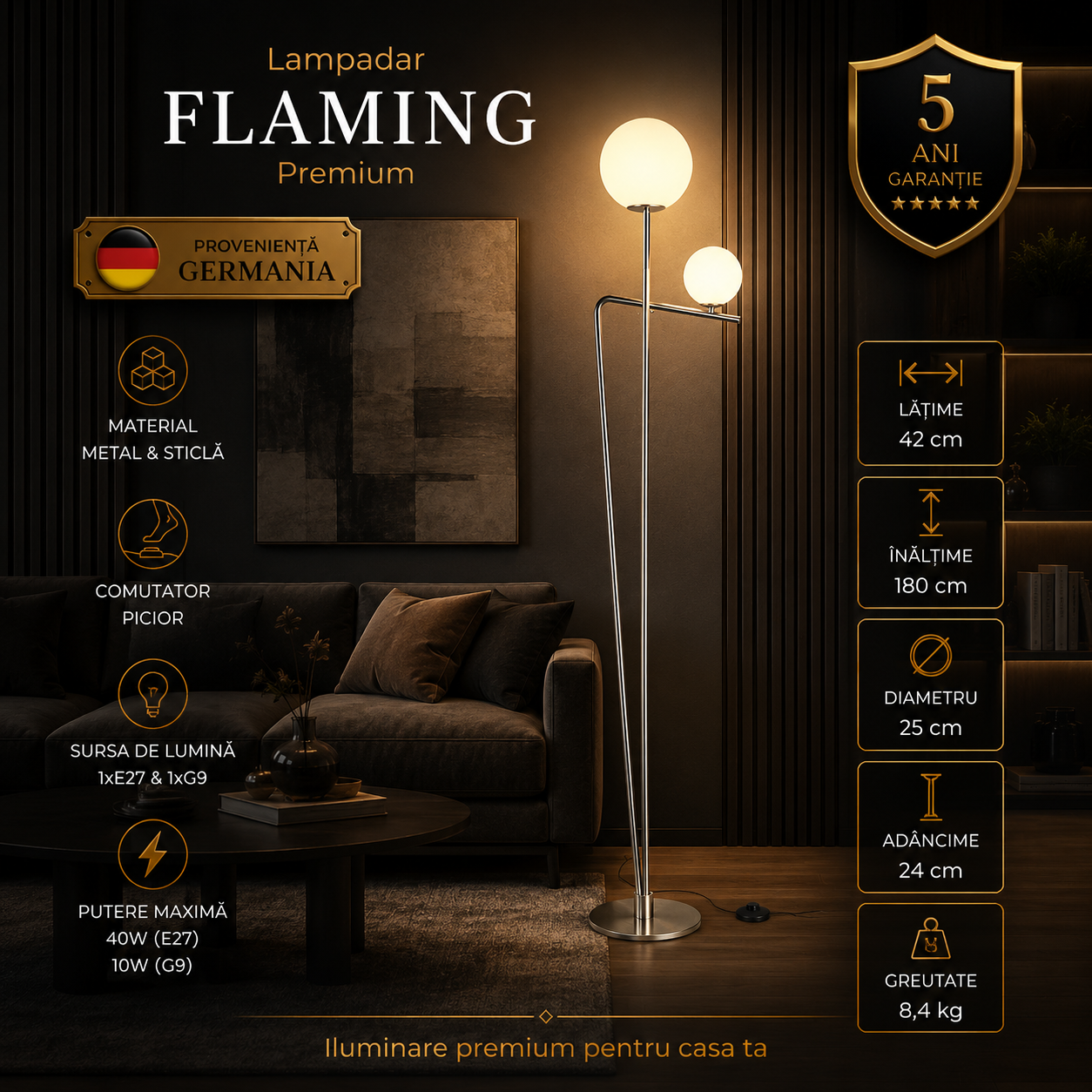 Lampadar Premium Flaming Silver 180CM | 1xE27 & 1xG9