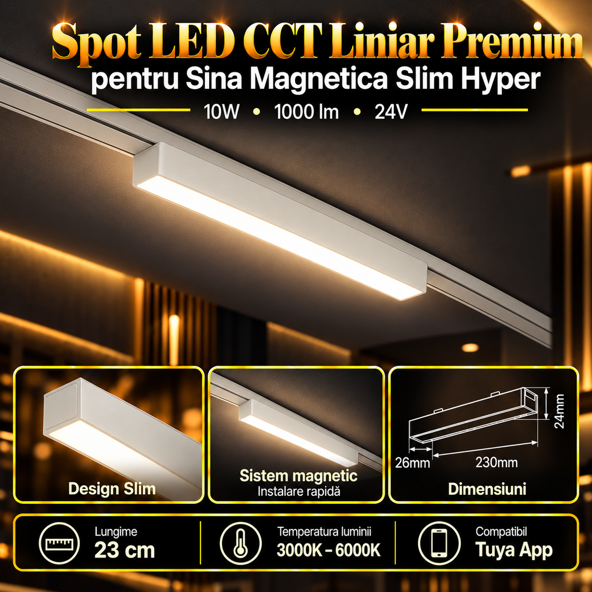 Spot LED Magnetic Liniar Premium Hyper White 10W | 23CM | 24V | 3 Tipuri de Lumina