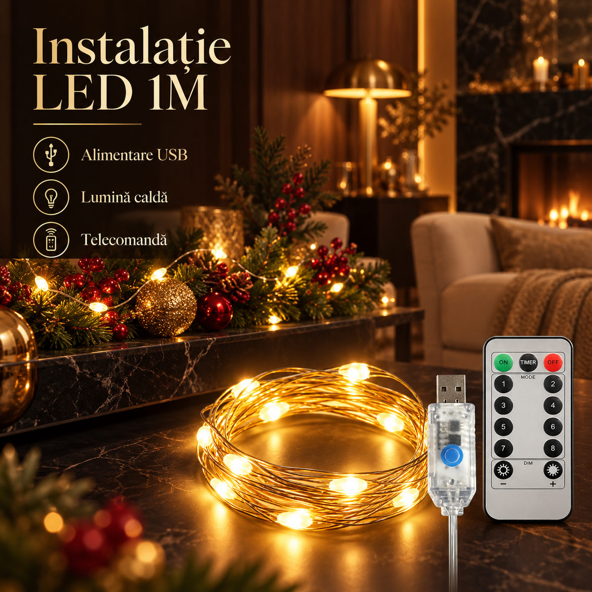 Instalatie LED Liniara 10 LED-uri 1M | 8 Moduri | Telecomanda | USB | 3000K