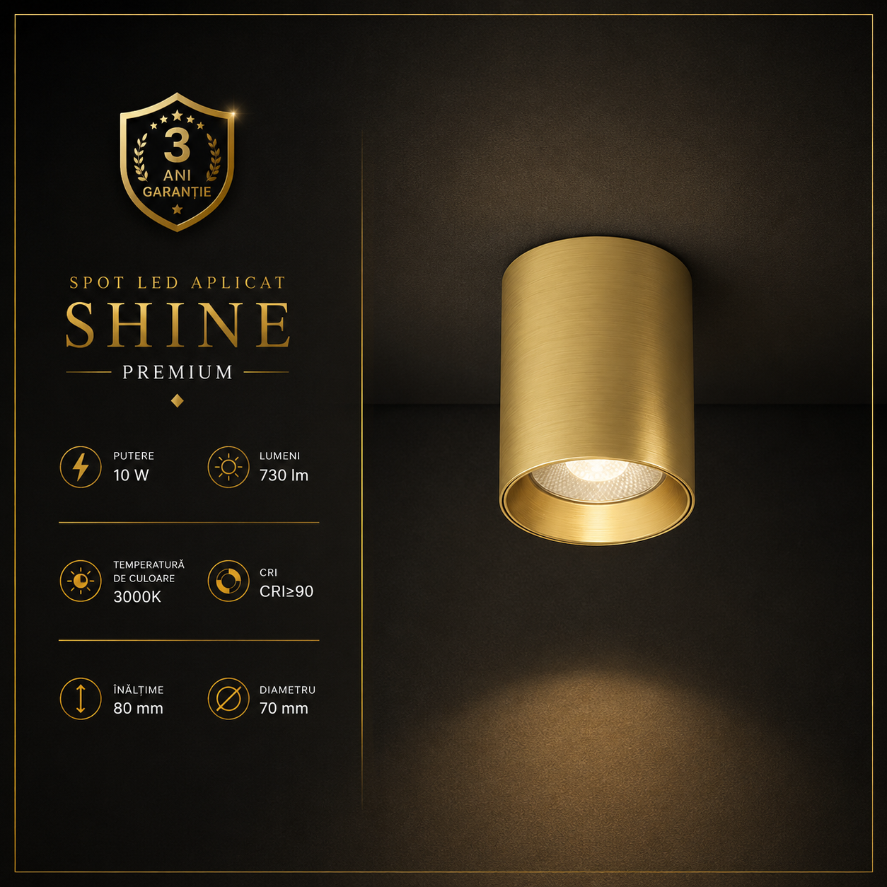 Spot LED SHINE TUBE Gold Aplicat Rotund 10W Premium Ø7 x H8 CM | CRI≥90 | 3000K